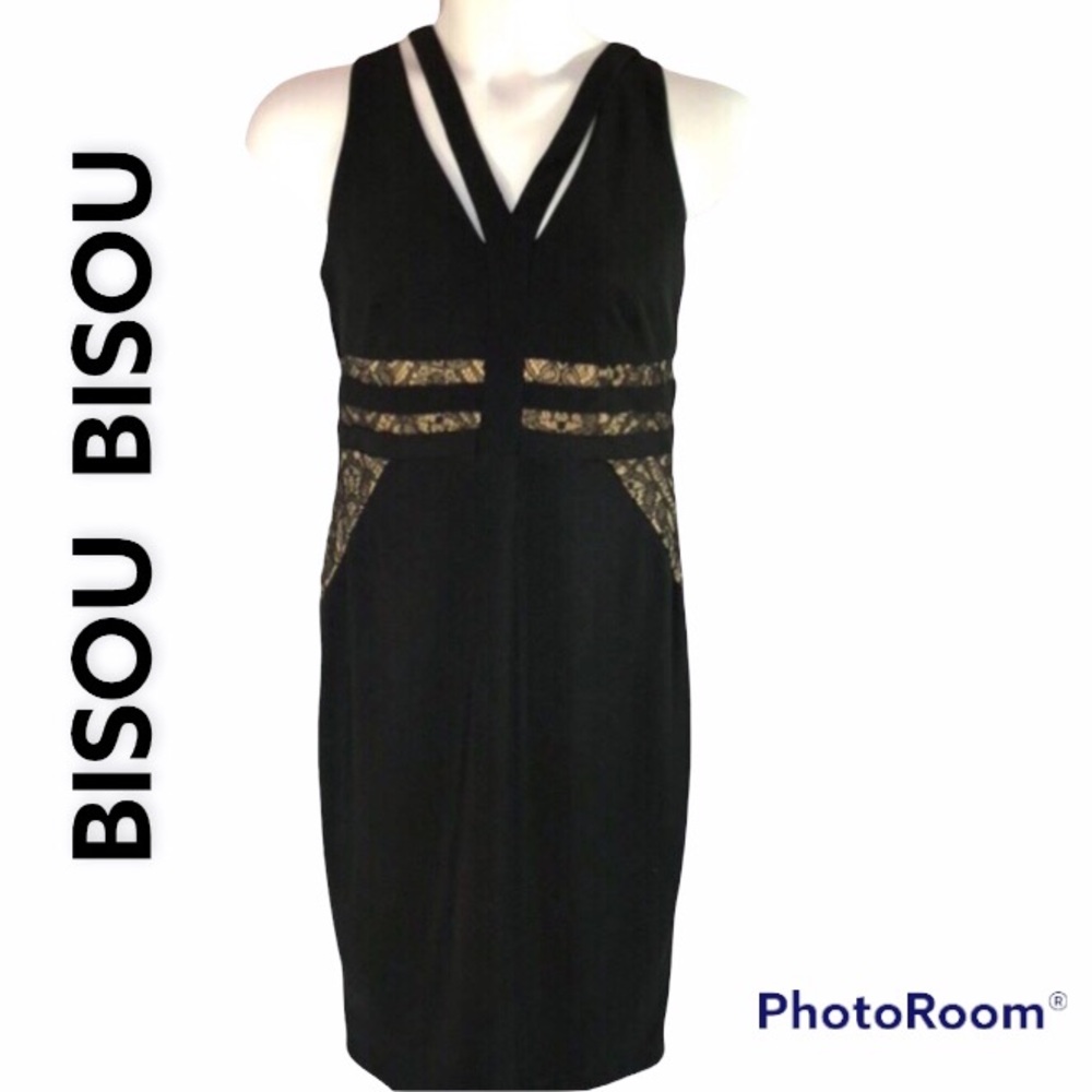 BISOU BISOU women black dress midi sleeveless v neck classic style size 12